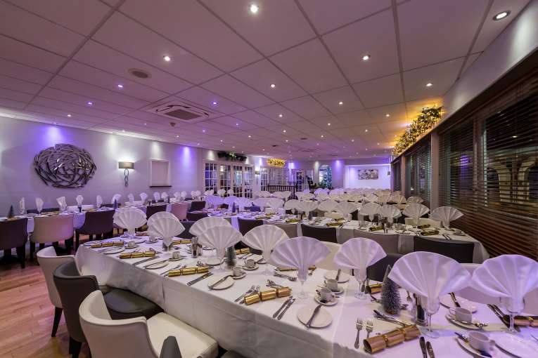 Long tables set for Christmas party 