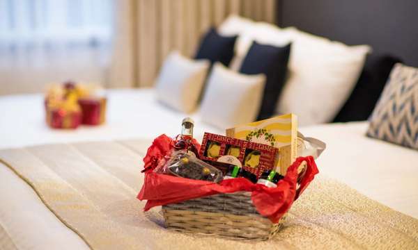 Barnstaple Hotel Christmas Hamper on Bed in Room