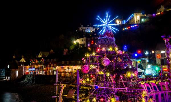 Christmas lights in Clovelly Harbour