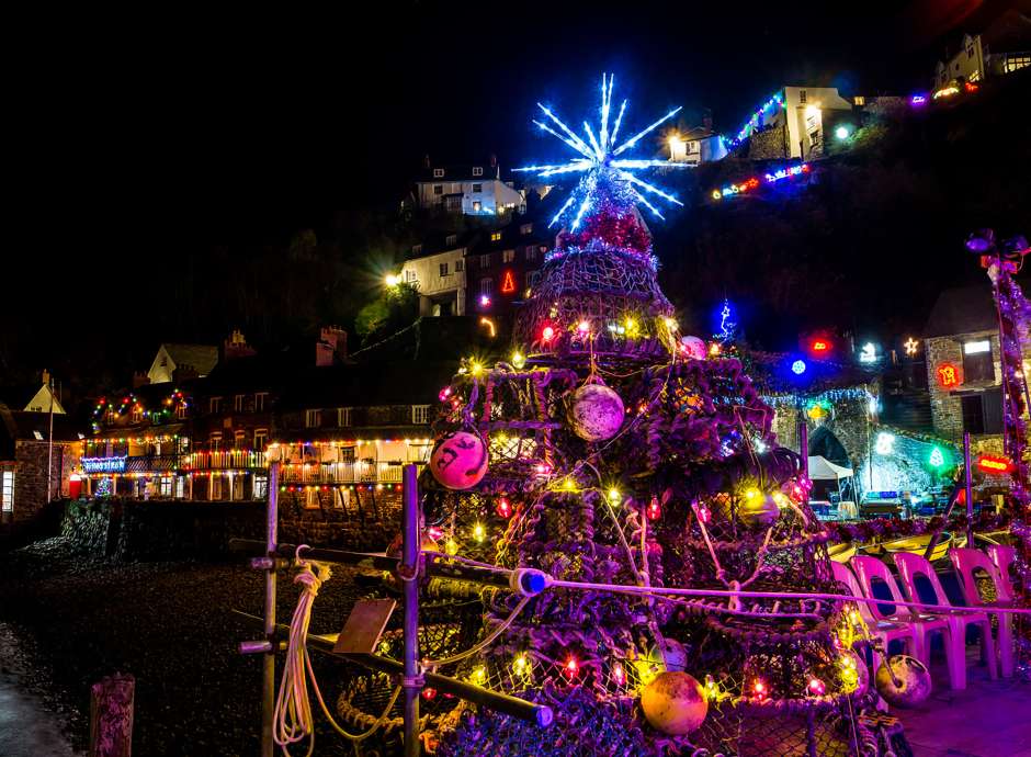 Christmas lights in Clovelly Harbour