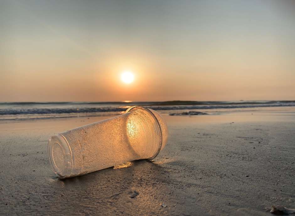 plastic cup on sunset beach