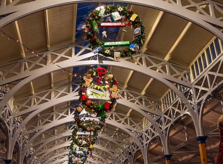 Christmas decorations inside Barnstaple Pannier Market